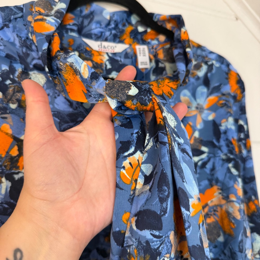 Denim & Co. Adaptive Floral Printed Blouse Neck Tie Detail 2X NEW Blue Orange - Picture 5 of 12